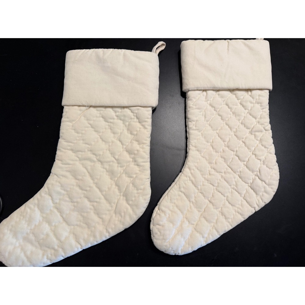 Pottery Barn Ivory Quilted Christmas Stockings Set of 2 Diamond Pattern Cream